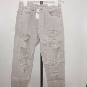 NEW American Eagle High Rise Mom Jeans Ripped Distressed Gray 6 Short